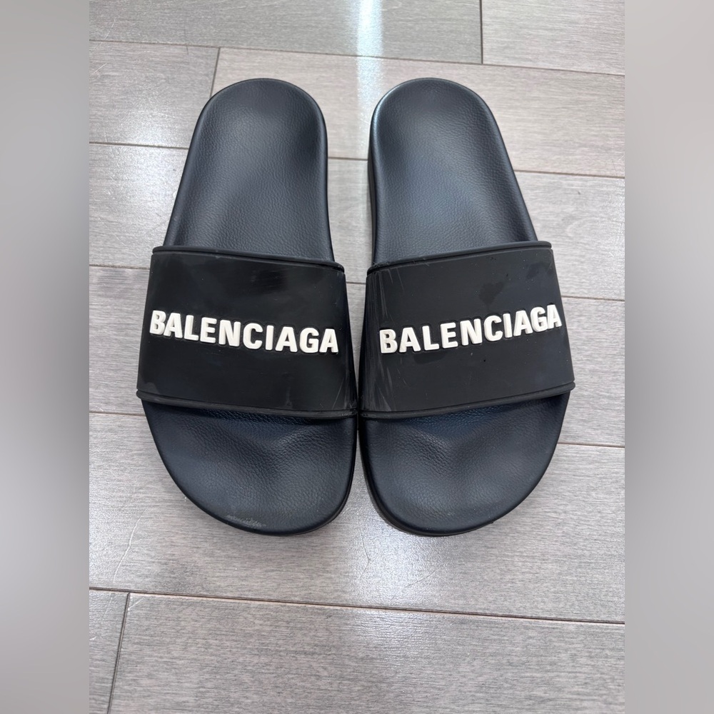 Balenciaga Pool Slide Sandal Black White Logo Women EUR 38 US 8 Italy